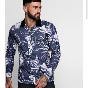 Leaf Print Long Sleeve Revere Jersey Shirt